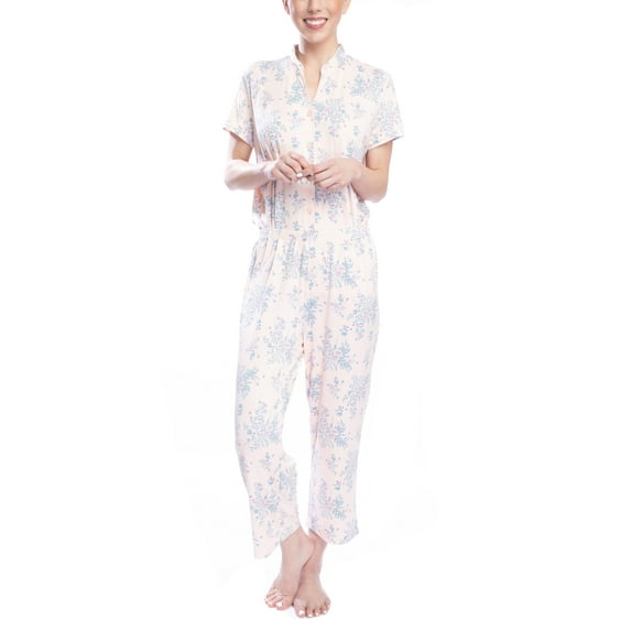Hanes Women's Cottage Staycation Sleep Top and Pajama Pant Set, Mandarin Collar Pajama 22" Cropped Pant, Floral Bloom, Large