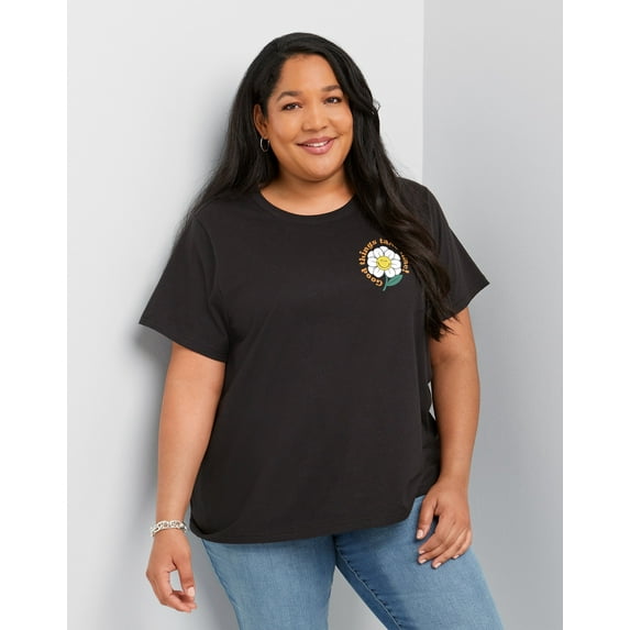 Hanes Women's Cotton Graphic T-Shirt, Smiling Daisy (Plus Size) Black 4X
