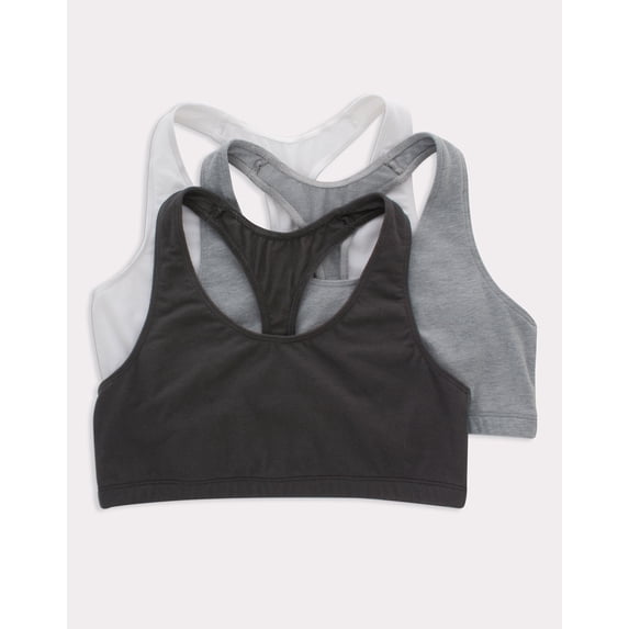 Hanes Women's Cotton Racerback Sports Bralette, Low Impact, 3-Pack White/Concrete Pe Heather/Black XL