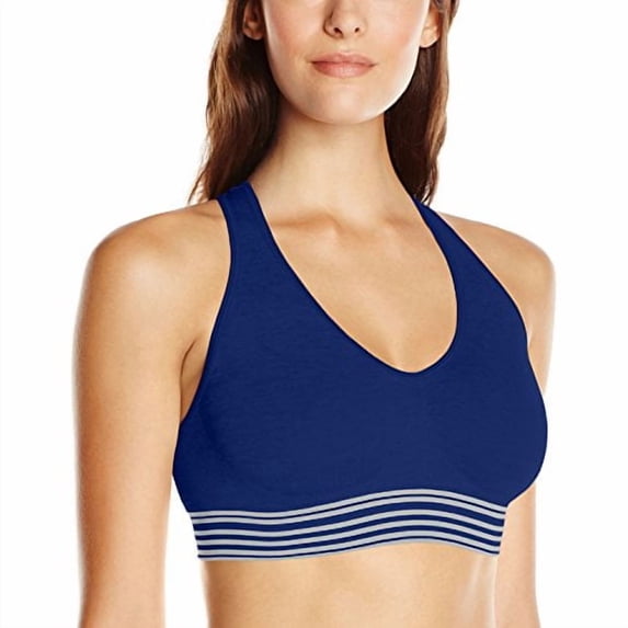 Hanes Women's Cozy Racerback Bra In The Navy/Coolest Grey Stripes 2X