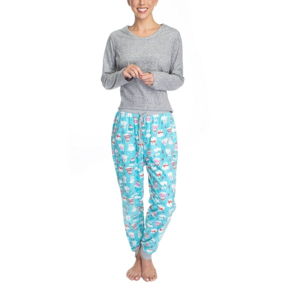 Hanes Women's Cozy Up 2 Piece Set Top and Jogger Pajamas, Grey/Polar Bear, Small