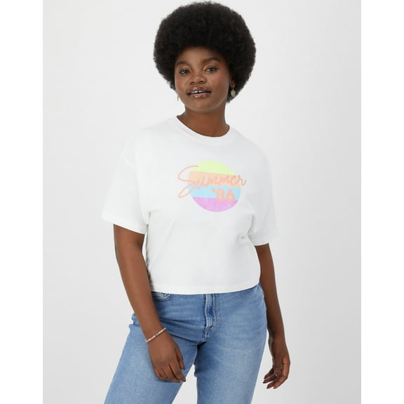 Hanes Women's Garment Dyed Cropped Cotton Graphic T-Shirt White XS