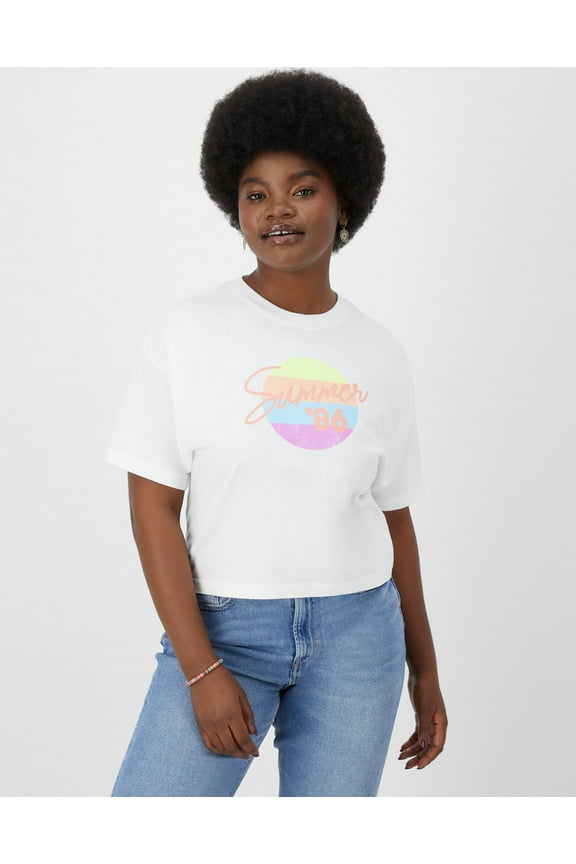 Women's Garment Dyed Cropped Cotton Graphic T-Shirt White XS