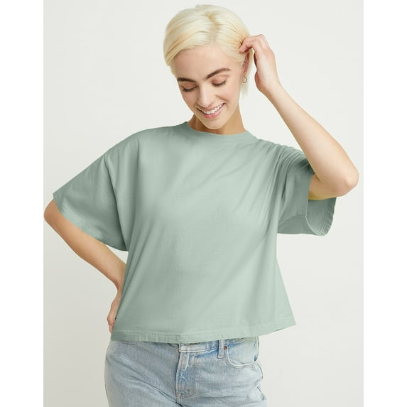 Hanes Women's Garment Dyed Cropped Cotton T-Shirt Antique Jade Ombre L