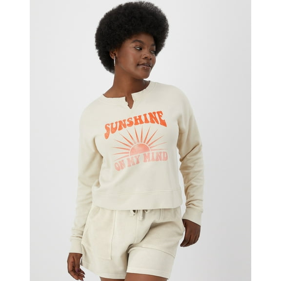 Hanes Women's Garment Dyed French Terry Sweatshirt, Enjoy the Sun Pebblestone M