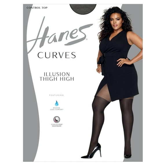 Hanes Women's Illusion Thigh High Tights, Control Top Black 1X/2X