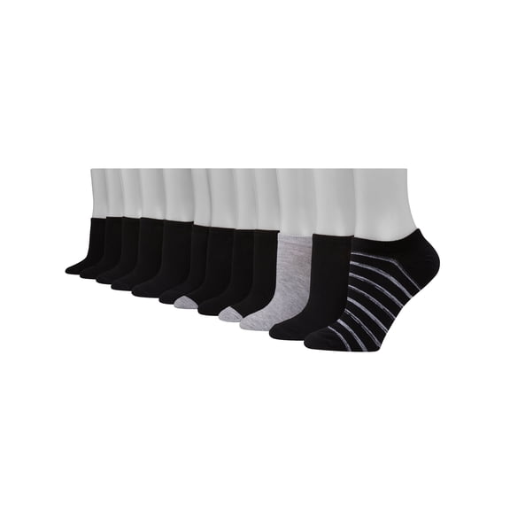 Hanes Women's Lightweight No Show Socks, 12-Pairs BlackBlackwGreyHeelToe 5-9