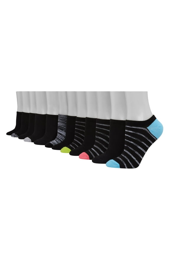 Women's Lightweight No Show Socks, 12-Pairs BlackwGreyStripeColorHeel 5-9