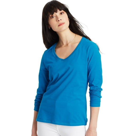 Hanes Women's Long Sleeve Cotton V-Neck T-Shirt Deep Dive XL