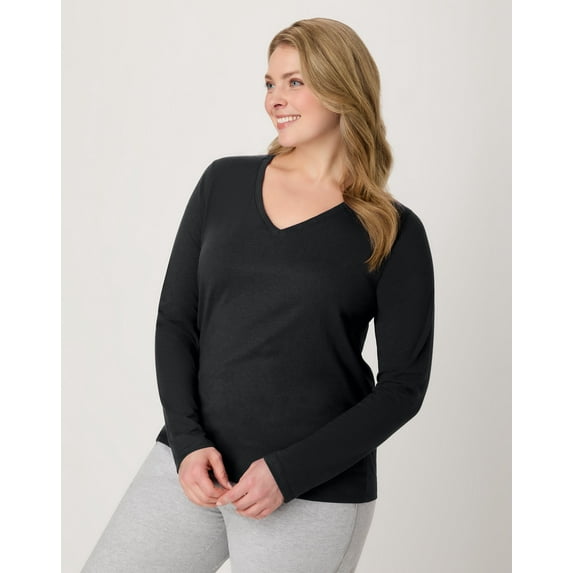 Hanes Women's Long Sleeve Cotton V-Neck T-Shirt Ebony L