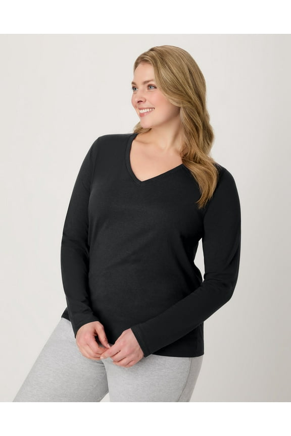 Women's Long Sleeve Cotton V-Neck T-Shirt Ebony L