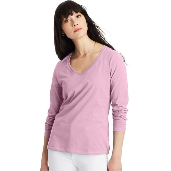 Hanes Women's Long Sleeve Cotton V-Neck T-Shirt, Sizes XS-XXL