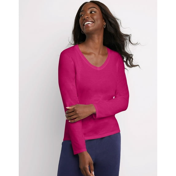 Hanes Women's Long Sleeve Cotton V-Neck T-Shirt Sizzling Pink 2XL