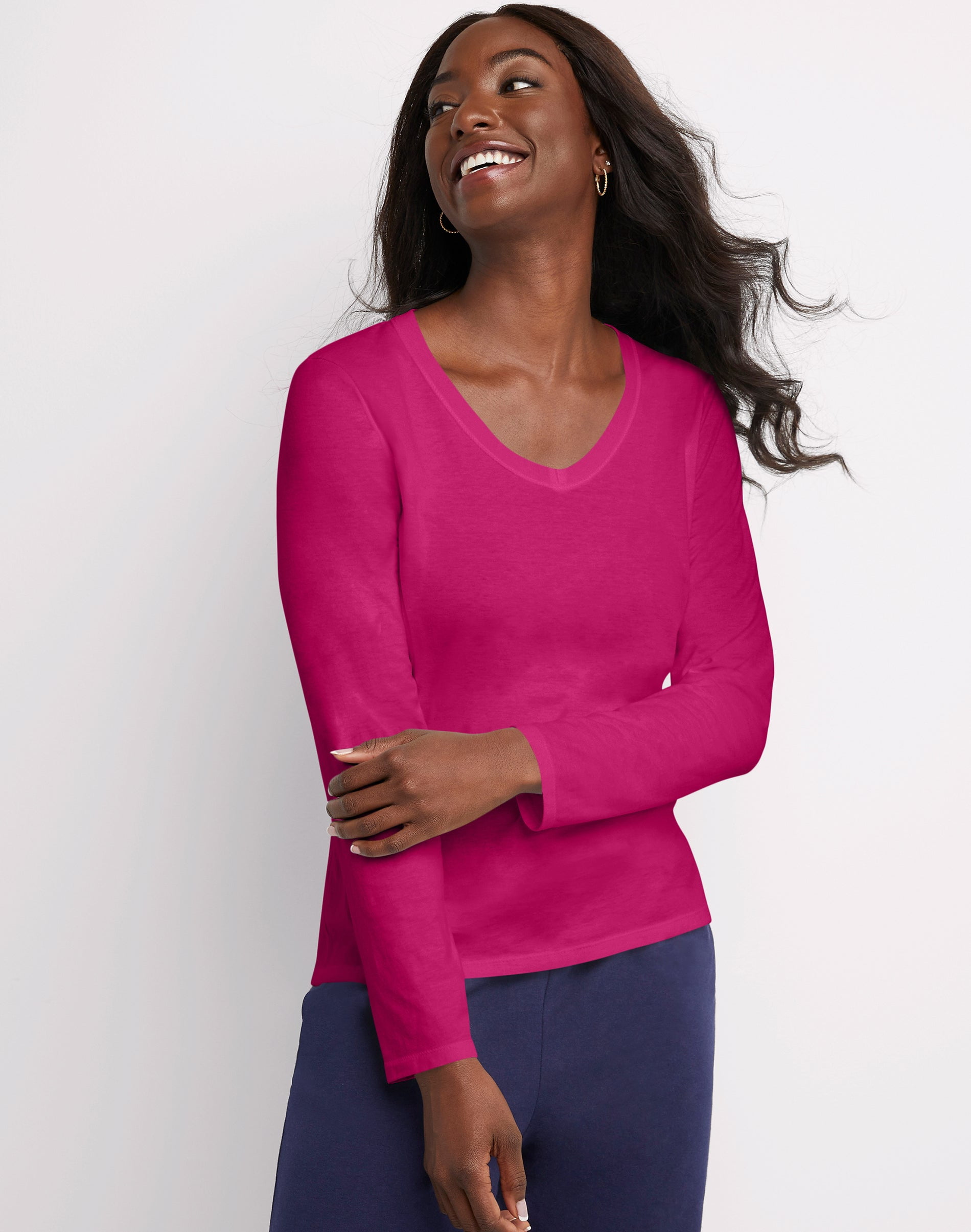Hanes Women's Long Sleeve Cotton V-Neck T-Shirt, Sizes XS-XXL