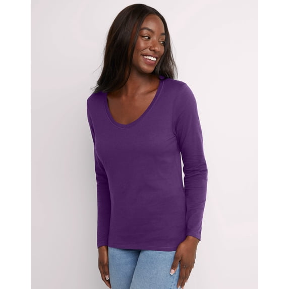Hanes Women's Long Sleeve Cotton V-Neck T-Shirt Violet Splendor XL
