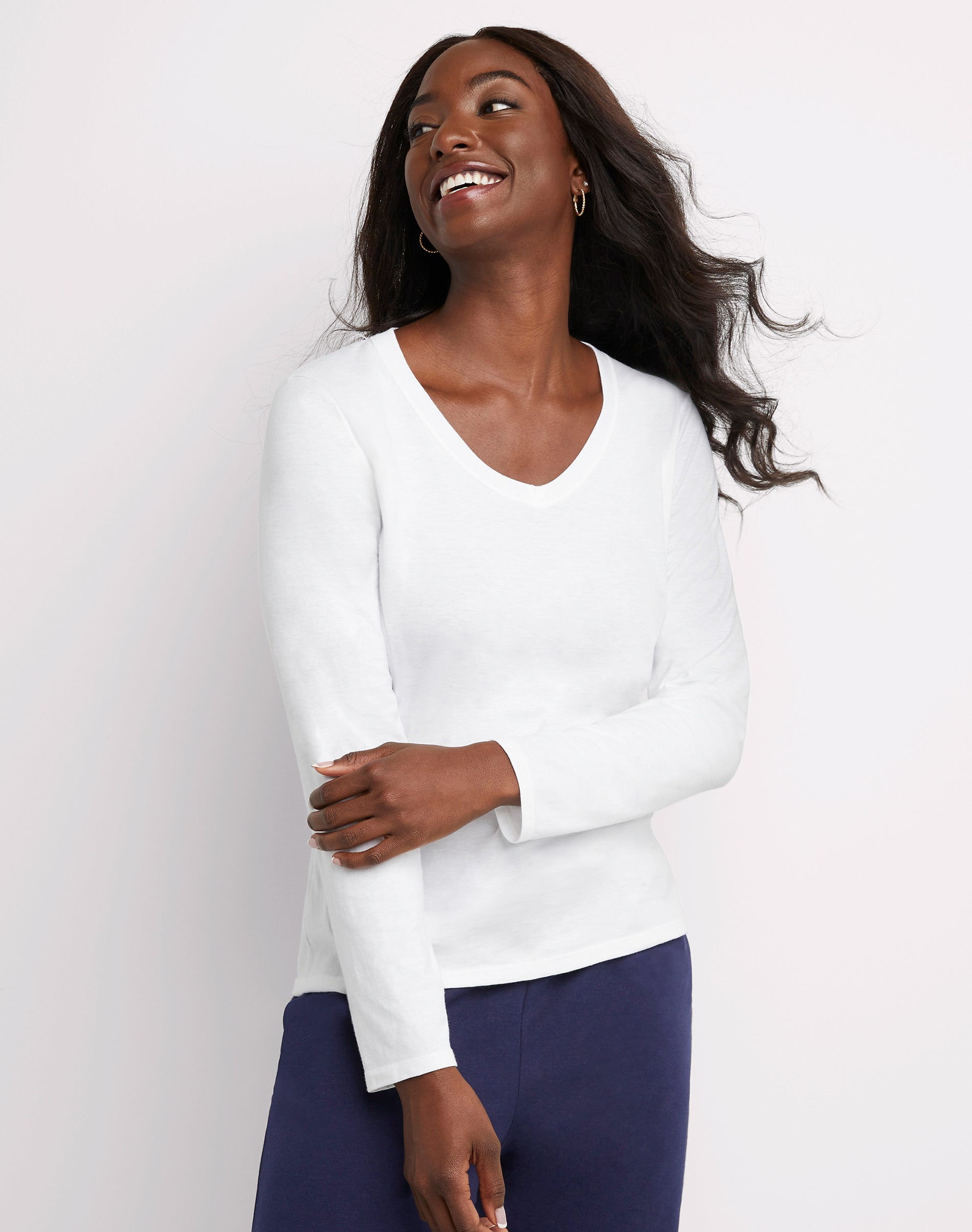 Hanes Women's Long Sleeve Cotton V-Neck T-Shirt White 2XL
