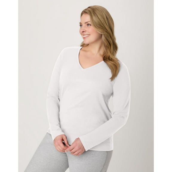 Hanes Women's Long Sleeve Cotton V-Neck T-Shirt White 2XL
