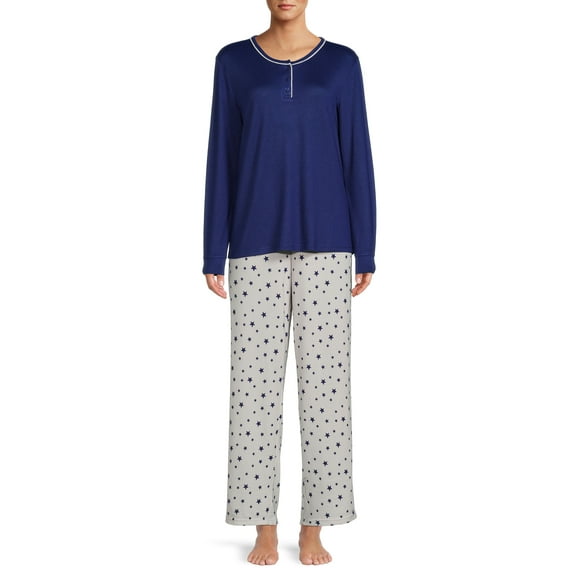 Hanes Women's Long Sleeve Henley Top and Pants Pajama Set, 2-Piece