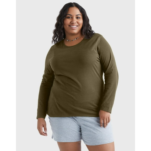 Hanes Women’s Long Sleeve Scoop Neck Cotton T-Shirt (Plus Size) Oregano 2X