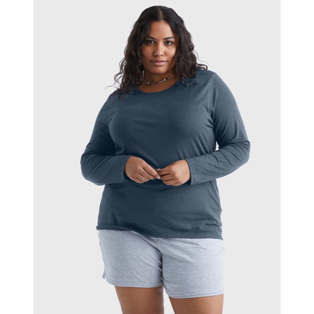 Hanes Women’s Long Sleeve Scoop Neck Cotton T-Shirt (Plus Size) Trekking Grey 2X