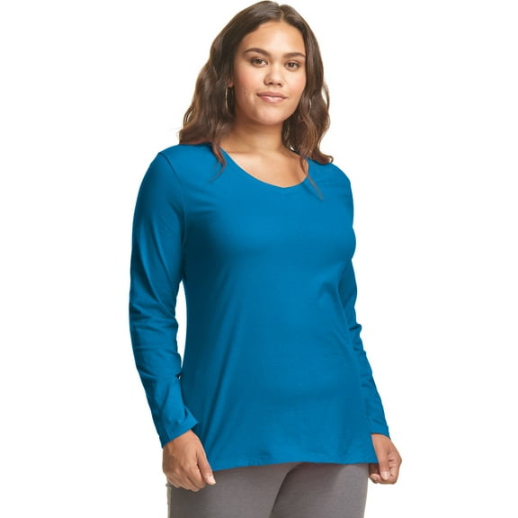Hanes Women's Long Sleeve V-Neck Cotton T-Shirt (Plus Size) Deep Dive 1X