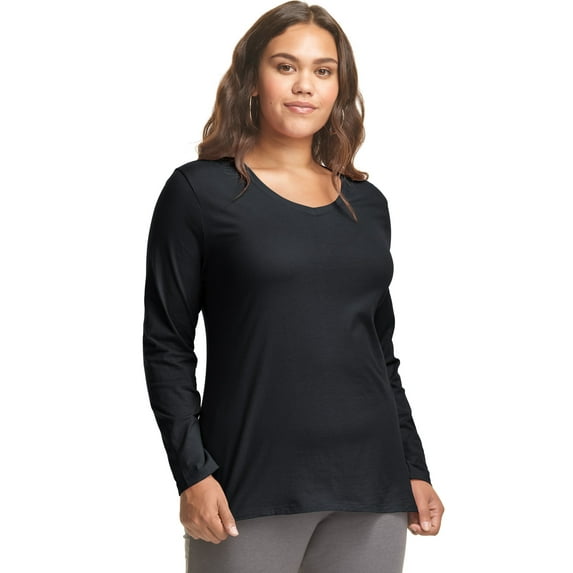 Hanes Women's Long Sleeve V-Neck Cotton T-Shirt (Plus Size) Ebony 1X
