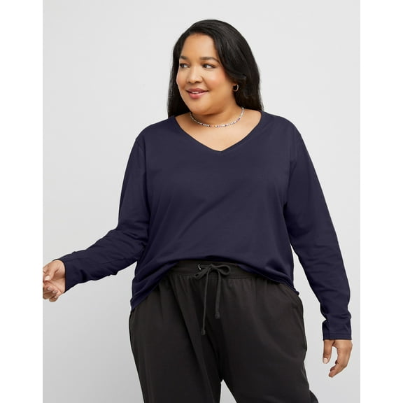 Hanes Women's Long Sleeve V-Neck Cotton T-Shirt (Plus Size) Navy 1X