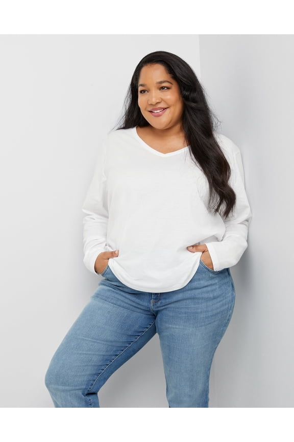 Hanes Women's Long Sleeve V-Neck Cotton T-Shirt (Plus Size) White 2X