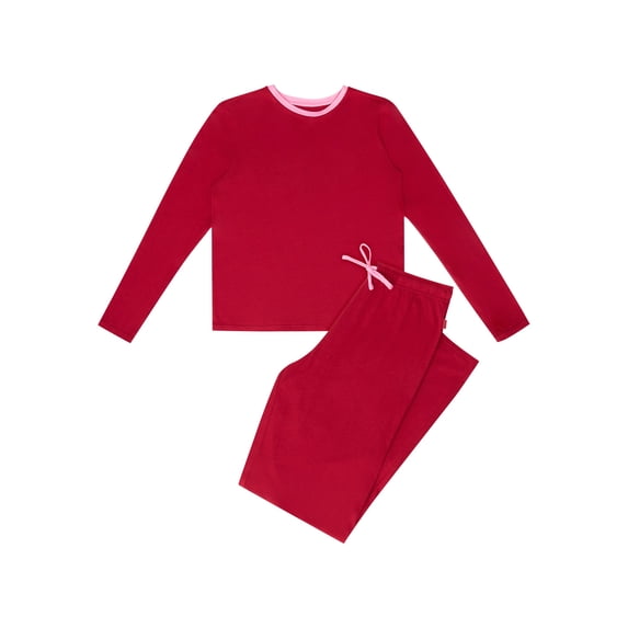 Hanes Women's Loungewear Set, 2-Piece , Pajama Long Sleeve Crew & Sleep Pants Rosey Red/Spirited Pink XS