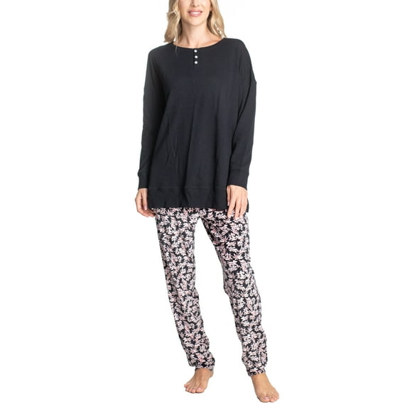 Hanes Women's Midnights Pajama Set, Long Sleeve Top and Jogger Lounge Pants, Black/Floral, XL