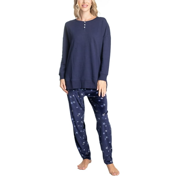 Hanes Women's Midnights Pajama Set, Long Sleeve Top and Jogger Lounge Pants, Navy/Star, L