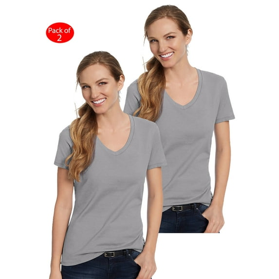 Hanes Women's Nano-T; V-Neck T-Shirt, Color: Vintage Gray, Size: XL --- PACK OF 2 (Women's Athleticwear - Original Company Packing)