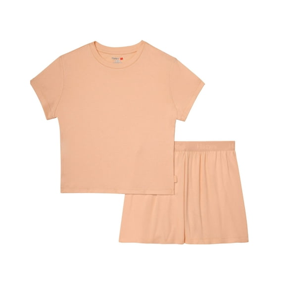 Hanes Originals 2-Piece Lounge Set, SuperSoft Cropped Baby Doll Tee & Sleep Shorts Loungewear Mellow Peach/Mellow Peach 2XL Women's