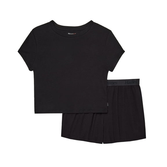 Hanes Originals 2-Piece Lounge Set, SuperSoft Cropped Baby Doll Tee & Sleep Shorts Loungewear Black/Black XS Women's