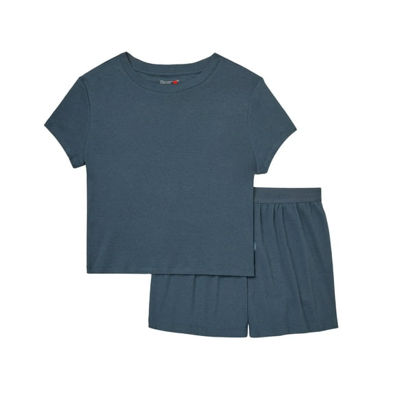 Hanes Originals 2-Piece Lounge Set, SuperSoft Cropped Baby Doll Tee & Sleep Shorts Loungewear Stargazer Grey/Stargazer Grey S Women's