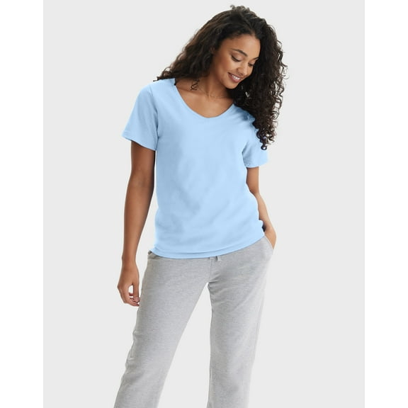 Hanes Perfect-T Women's V-Neck Cotton T-Shirt Light Blue XL