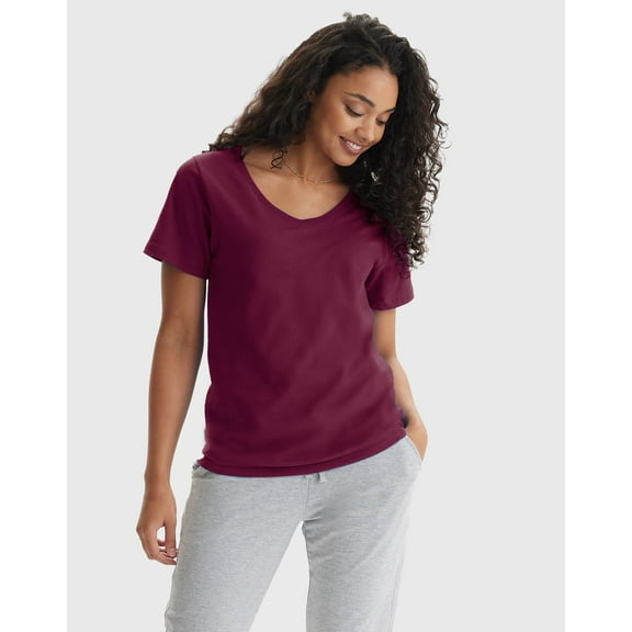 Hanes Perfect-T Women's V-Neck Cotton T-Shirt Maroon S