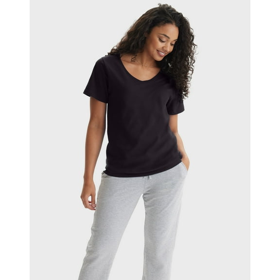 Hanes Perfect-T Women's V-Neck Cotton T-Shirt Black M