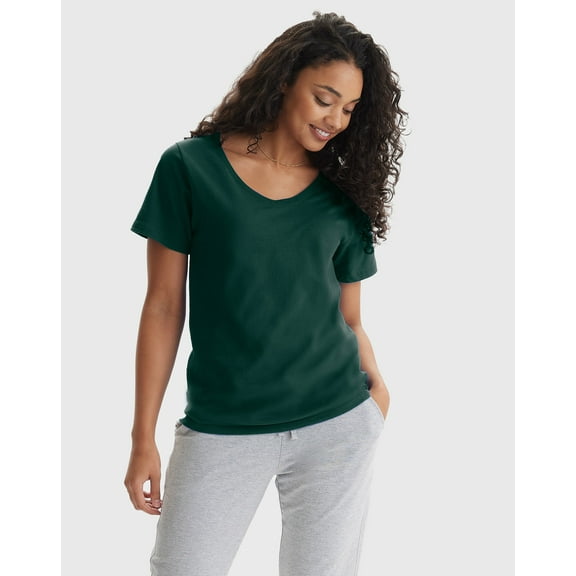 Hanes Perfect-T Women's V-Neck Cotton T-Shirt Deep Forest S