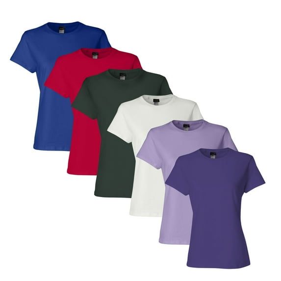 Hanes Women's Perfect-T T-Shirt, Bulk Tee, 100% Ring-Spun USA Cotton, 4.5 oz. Assorted Short Sleeve Crewneck Plain Tees, Mixed Color Solid T-shirts (Dark+Bright Color 6 Pack, XL)