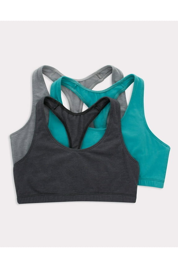 Women's Cotton Racerback Sports Bralette, Low Impact, 3-Pack Concrete Pe Heather/Isle Green/Black L