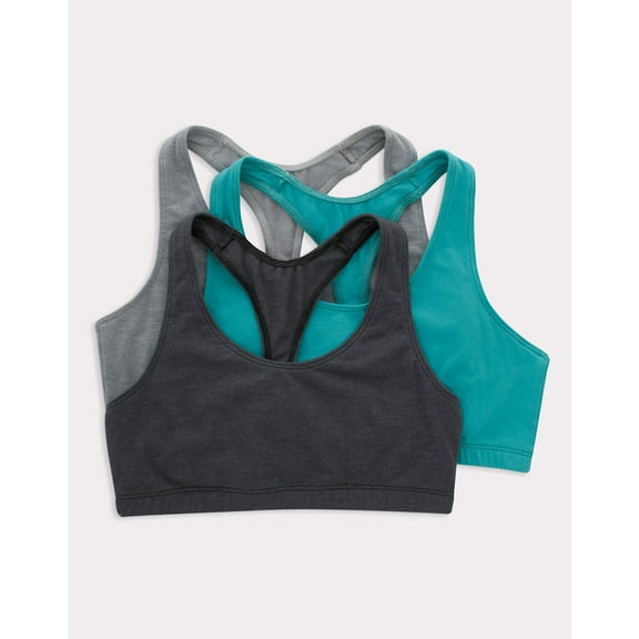 Hanes Women's Cotton Racerback Sports Bralette, Low Impact, 3-Pack Concrete Pe Heather/Isle Green/Black 2XL