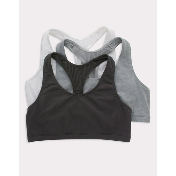 Hanes Women's Cotton Racerback Sports Bralette, Low Impact, 3-Pack White/Concrete Pe Heather/Black L