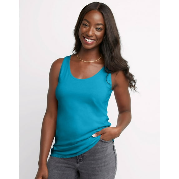 Hanes Women's Scoopneck Cotton Jersey Tank Process Blue M