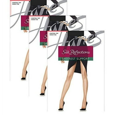 Hanes Women`s Set of 3 Silk Reflections Sheerest Support Control Top Sheer Toe AB, Jet Pack of 3