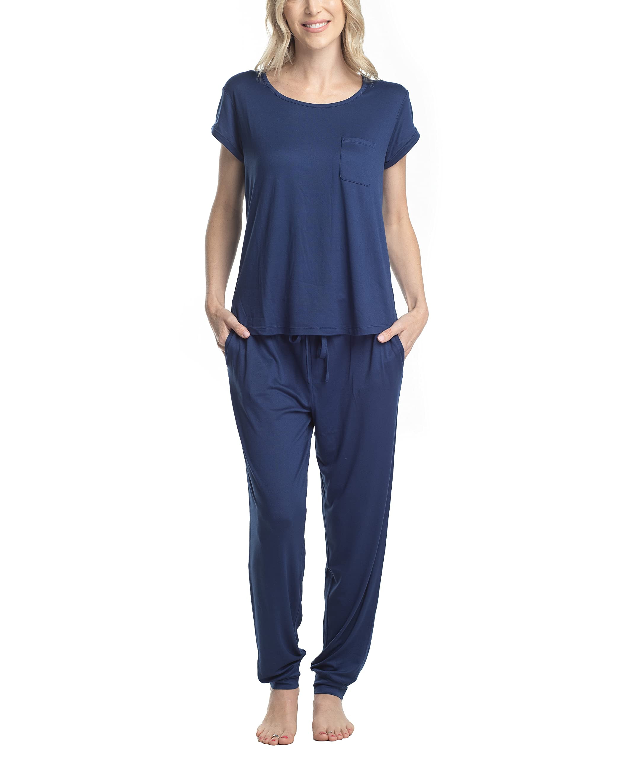 Hanes Women's Short Sleeve Top and Jogger Pajama Pants, Navy, 2X ...