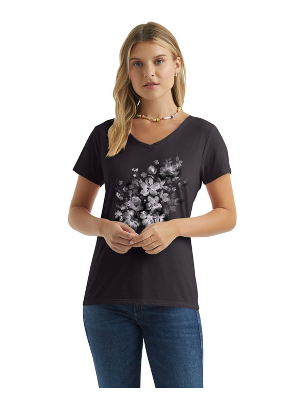 Women's V-Neck Graphic T-Shirt, Beach Floral Cascade Cascade/Black M