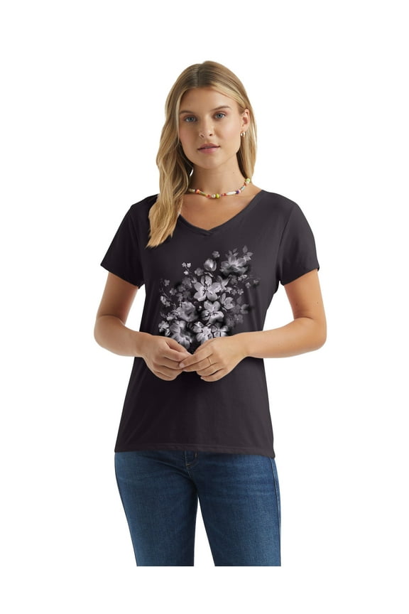 Women's V-Neck Graphic T-Shirt, Beach Floral Cascade Cascade/Black M