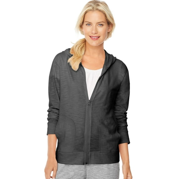 Hanes Women`s Slub Jersey Full-Zip Hoodie, 2XL, Black