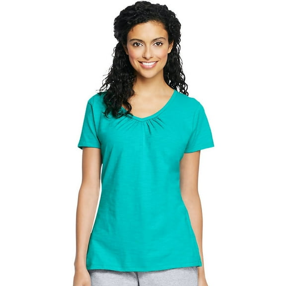 Hanes Women's Slub Jersey Shirred V-Neck, Style 9253